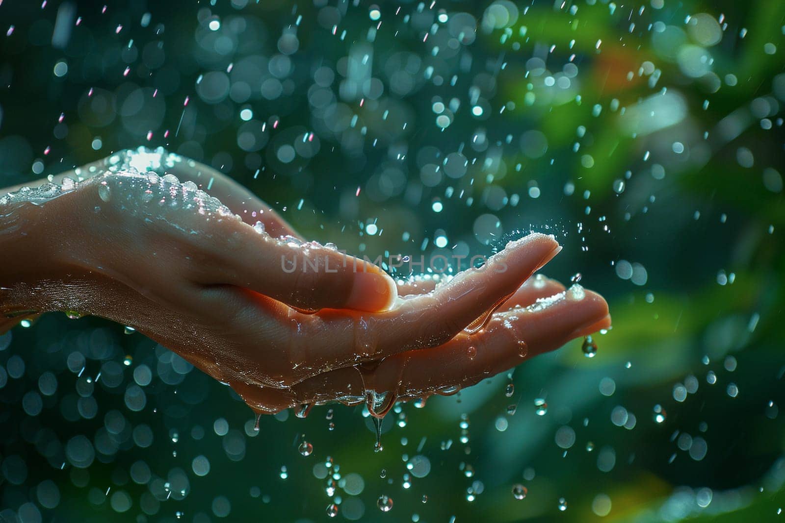 Hand reaching out to touch raindrops by Benzoix