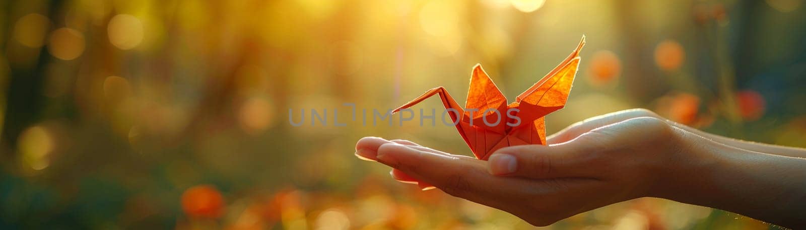 Hand holding an origami crane, symbolizing peace, creativity, and patience.