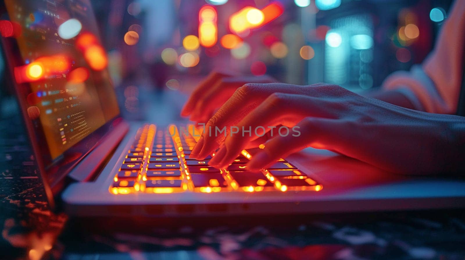 Macro shot of fingers on a laptop keyboard, depicting remote work and technology use.