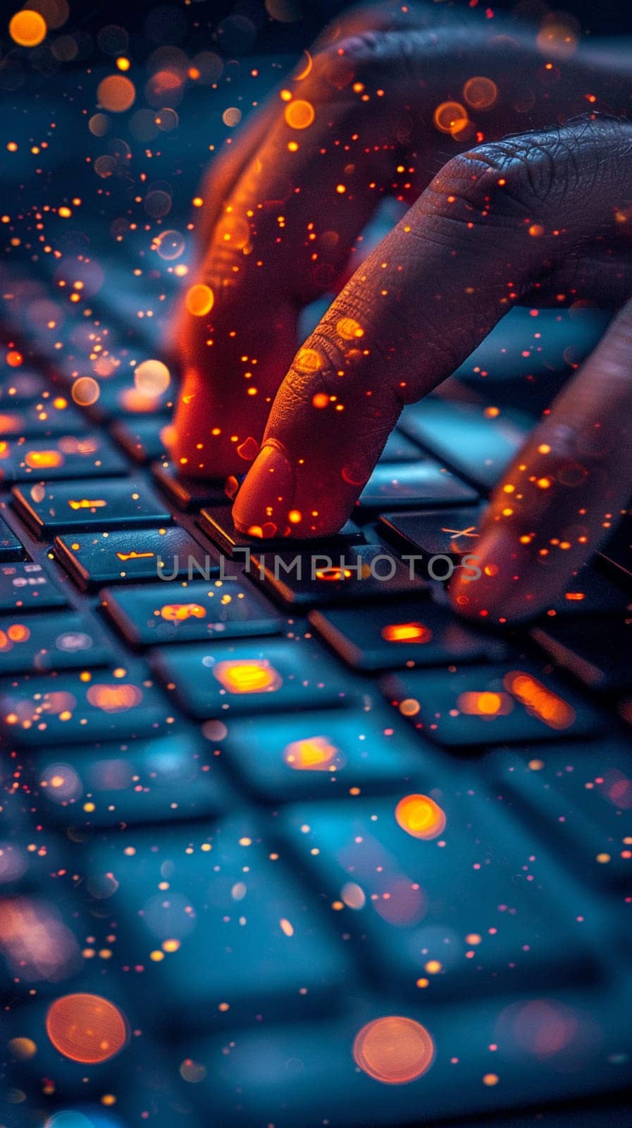 Macro shot of fingers on a laptop keyboard, depicting remote work and technology use.