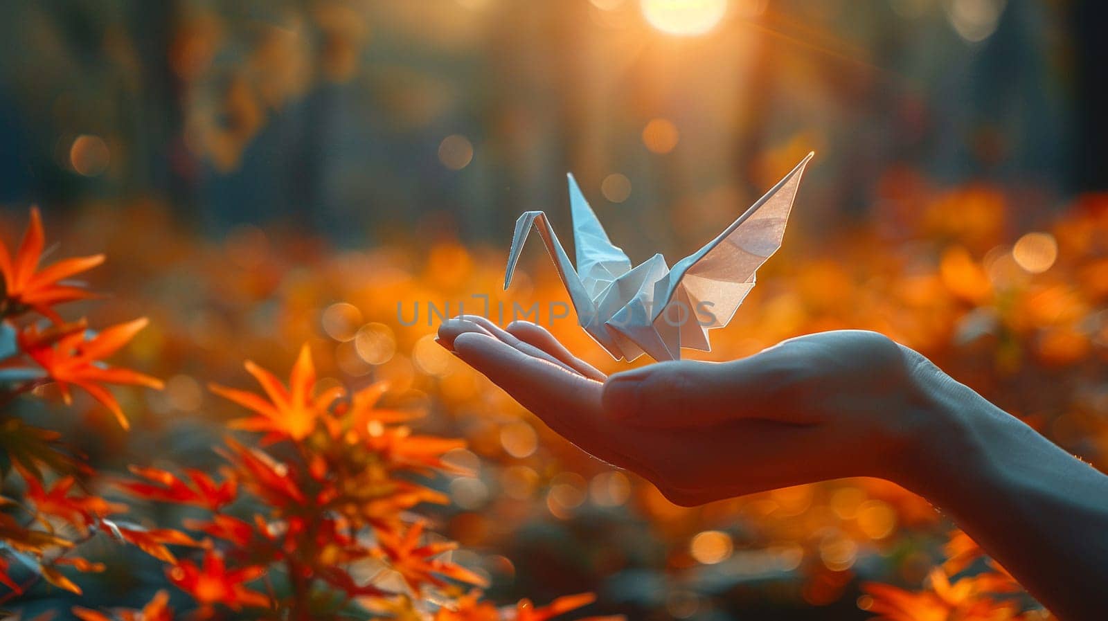 Hand holding an origami crane, symbolizing peace, creativity, and patience.