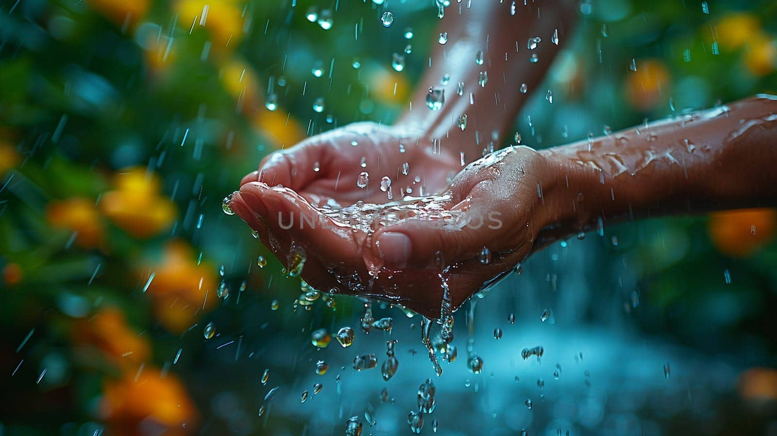 Hand reaching out to touch raindrops, depicting curiosity and interaction with nature.