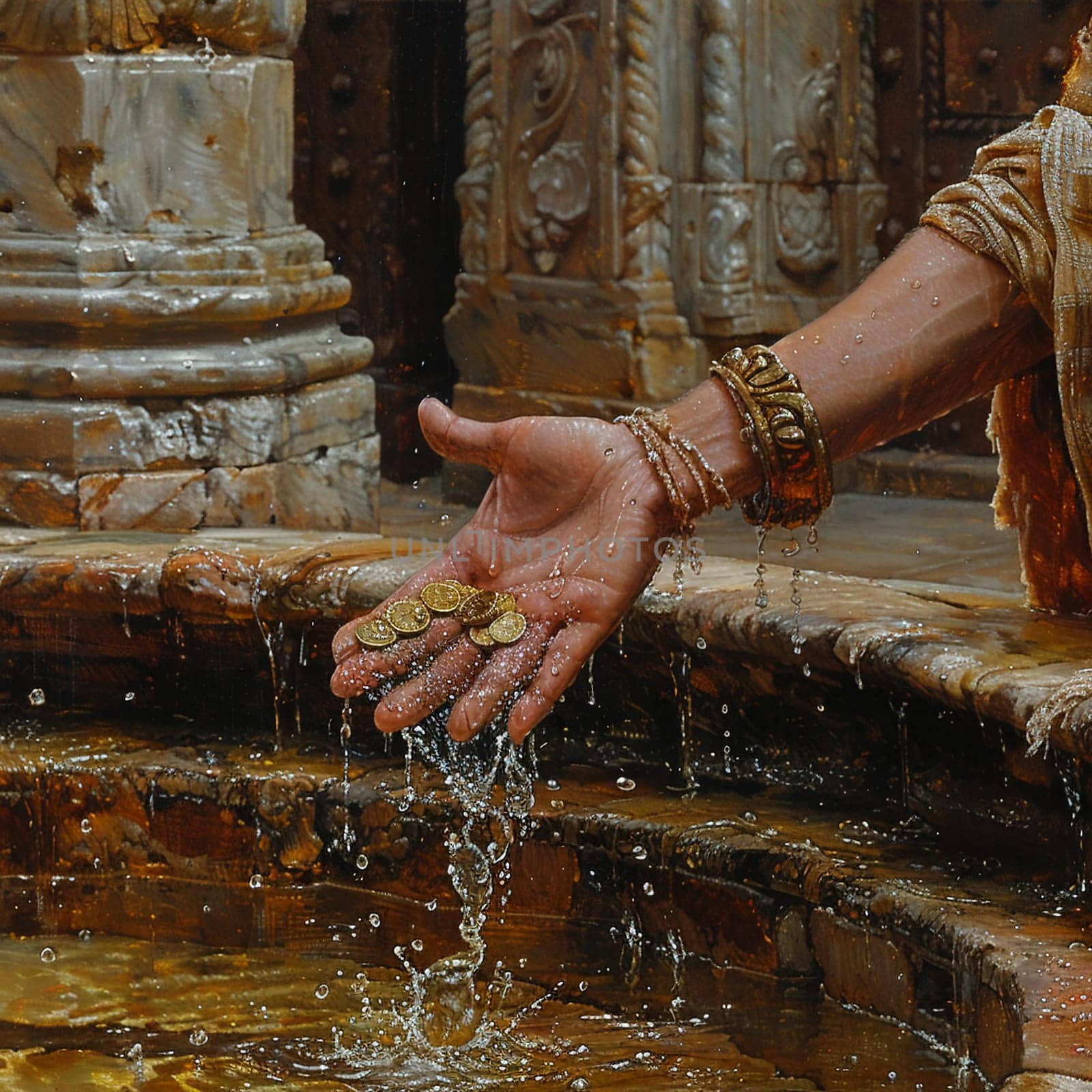 Hand tossing a coin into a fountain, evoking wishes, dreams, and hopeful aspirations.