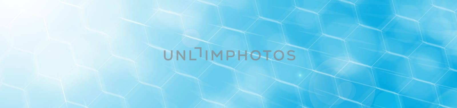 Bokeh photo effect accompanied by exoteric combinations of honeycombs and sun rays on a blue and blue background with flashes of white color.