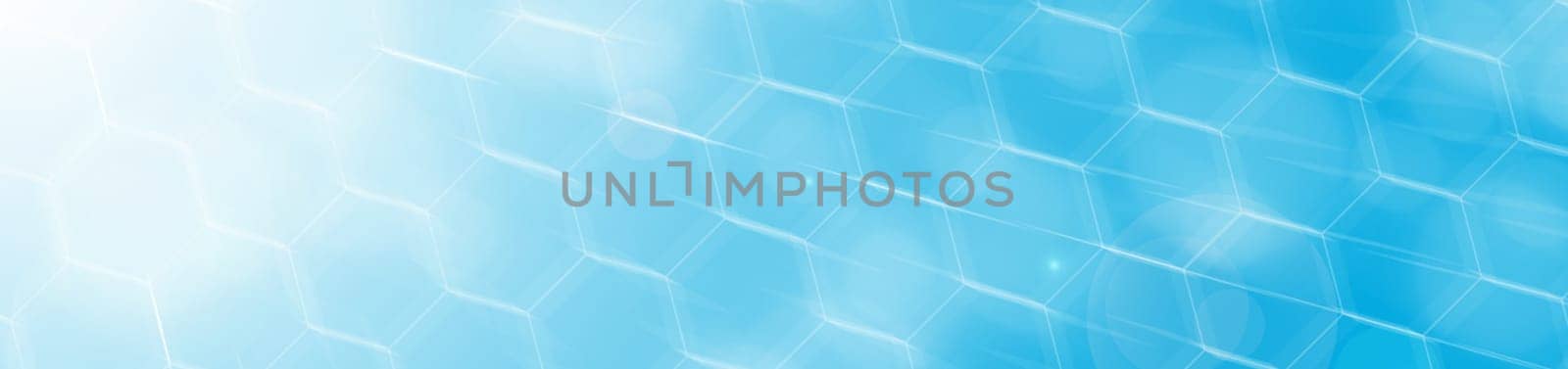 Bokeh photo effect accompanied by exoteric combinations of honeycombs and sun rays on a blue and blue background with flashes of white color.