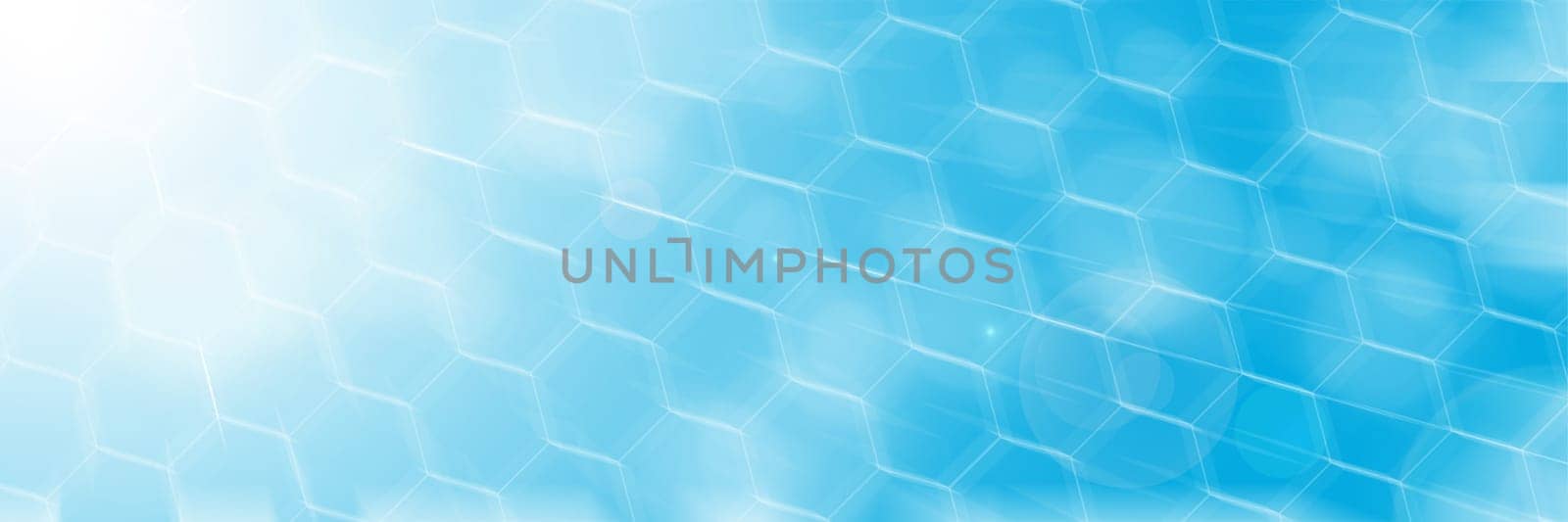 Bokeh photo effect accompanied by exoteric combinations of honeycombs and sun rays on a blue and blue background with flashes of white color.