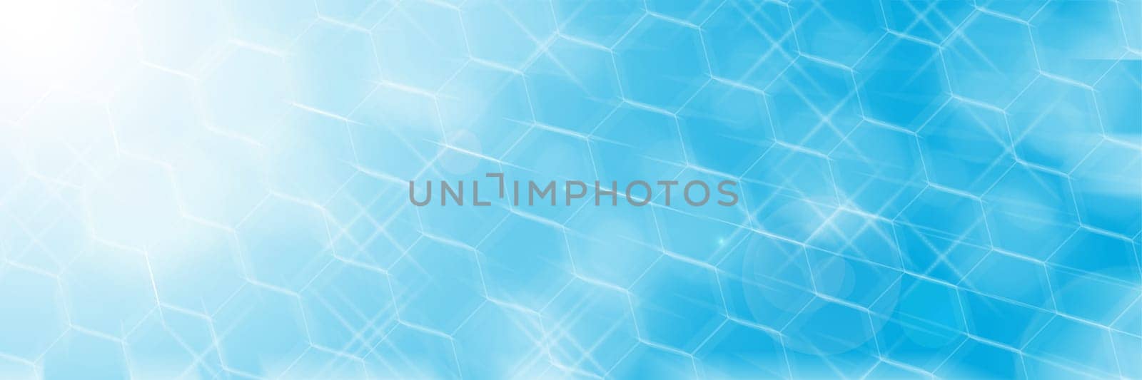 Bokeh photo effect accompanied by exoteric combinations of honeycombs and sun rays on a blue and blue background with flashes of white color. A flash of stars.