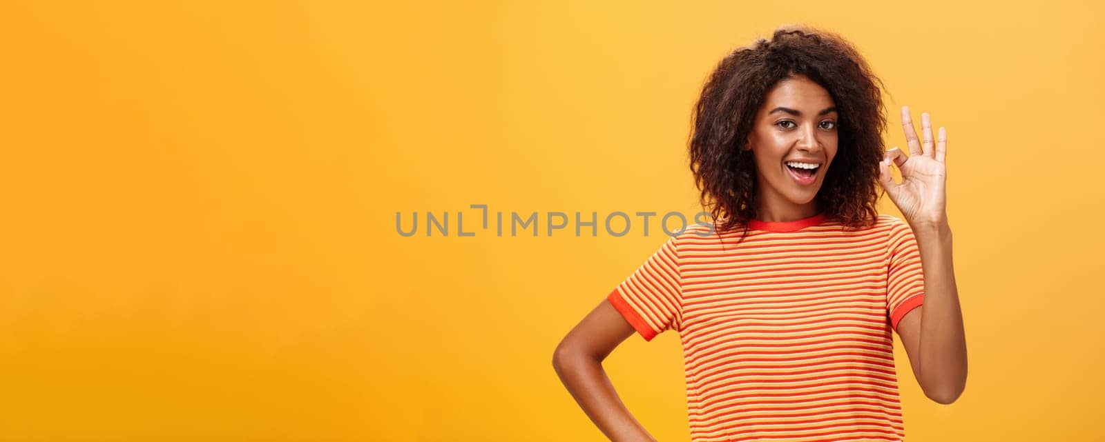 I got it, think it done. Portrait of self-assured good-looking calm and carefree african american woman with curly hairstyle raising ok or excellent gesture and smiling assuring she knows what doing by Benzoix