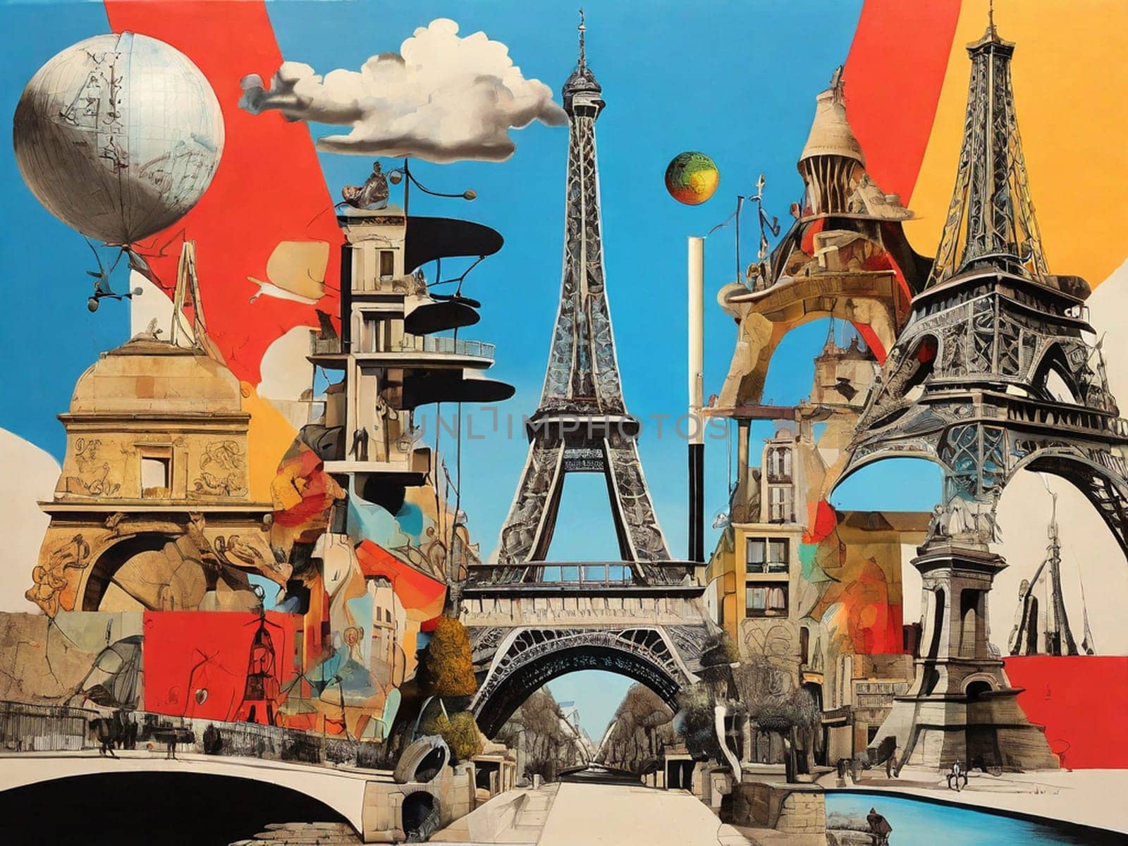 AI generated abstract collage of Paris landmarks in Dadaism style, Dali inspired.