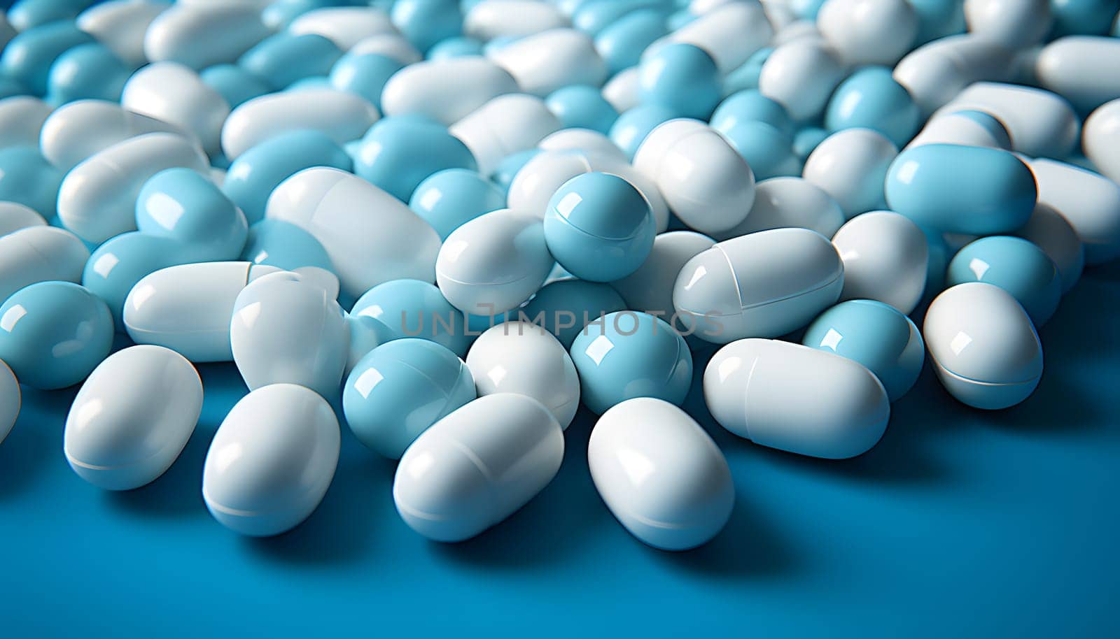 White pills on blue background. High quality photo