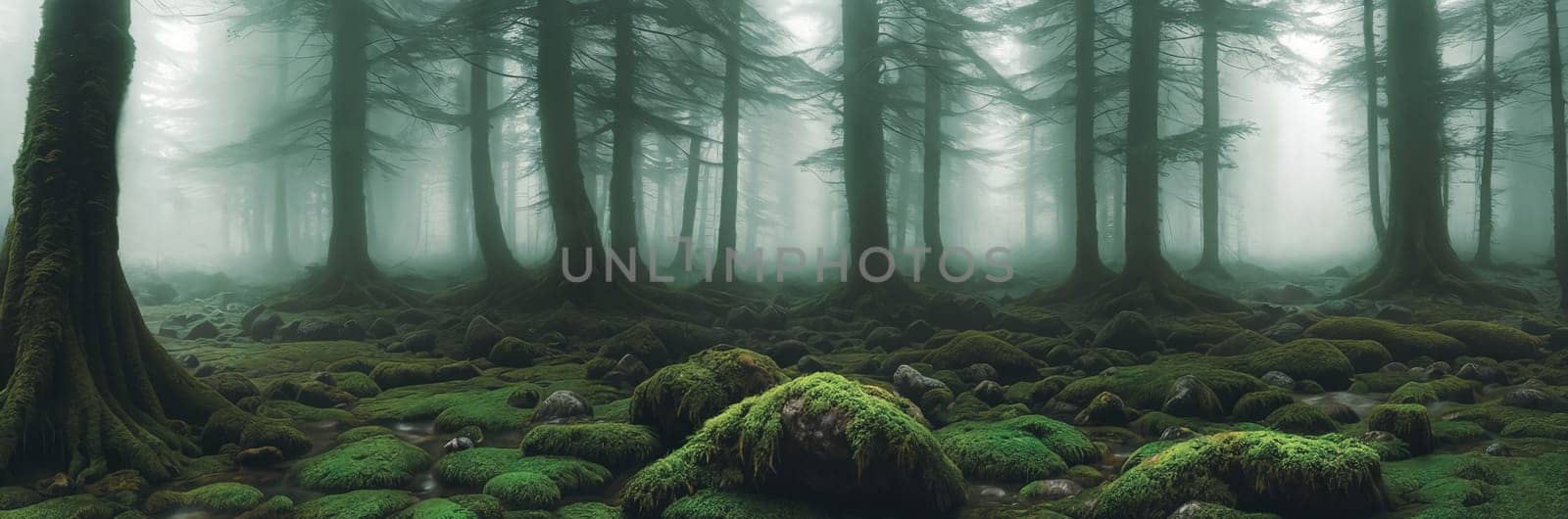 Welcome to the Mystical Forest Ancient trees cloaked in mist, moss-covered rocks, light filtering through the foliage. Discover enchantment in every corner of this ethereal realm. Generative AI.