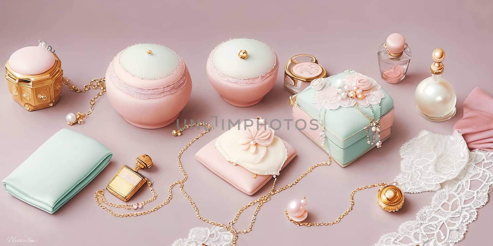 Pastel Palette. A still life scene featuring pastel-colored feminine accessories like a delicate pearl necklace by GoodOlga