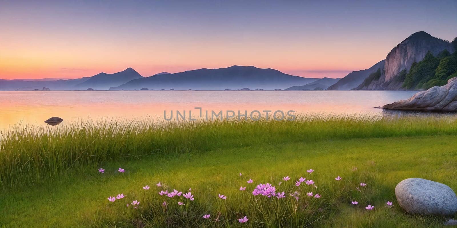 Inspirational Nature. A serene landscape photograph of a peaceful meadow at sunrise with a single flower resting on a rock or in the grass to convey a sense of tranquility and inner strength.