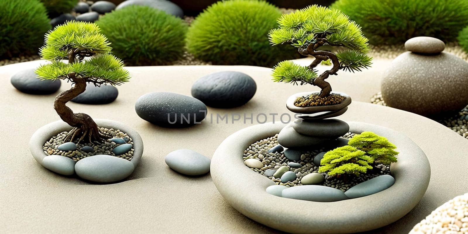 Mindfulness Moment. Capture the essence of mindfulness and meditation by photographing a zen garden with carefully arranged pebbles, a miniature bonsai tree, and a tranquil water fountain to evoke a sense of peace and balance.