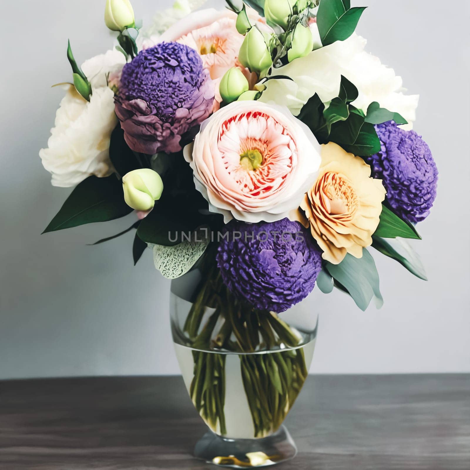 Floral Elegance. A vibrant bouquet of spring flowers arranged in a stylish vase with soft natural lighting to symbolize elegance and femininity