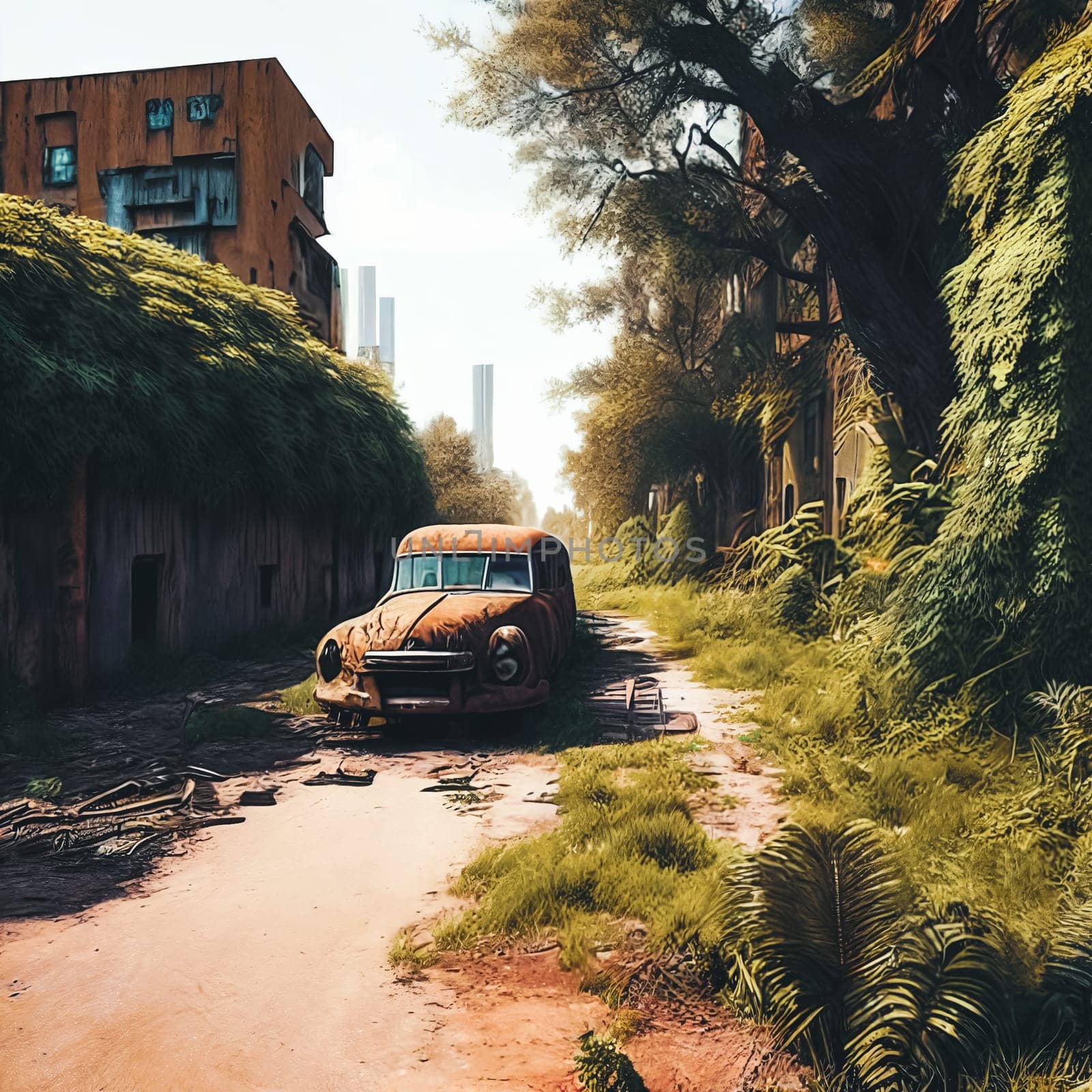 Abandoned cityscape, Deserted cityscape overgrown with vegetation, showcasing dilapidated skyscrapers, rusted cars, and nature reclaiming the urban environment.