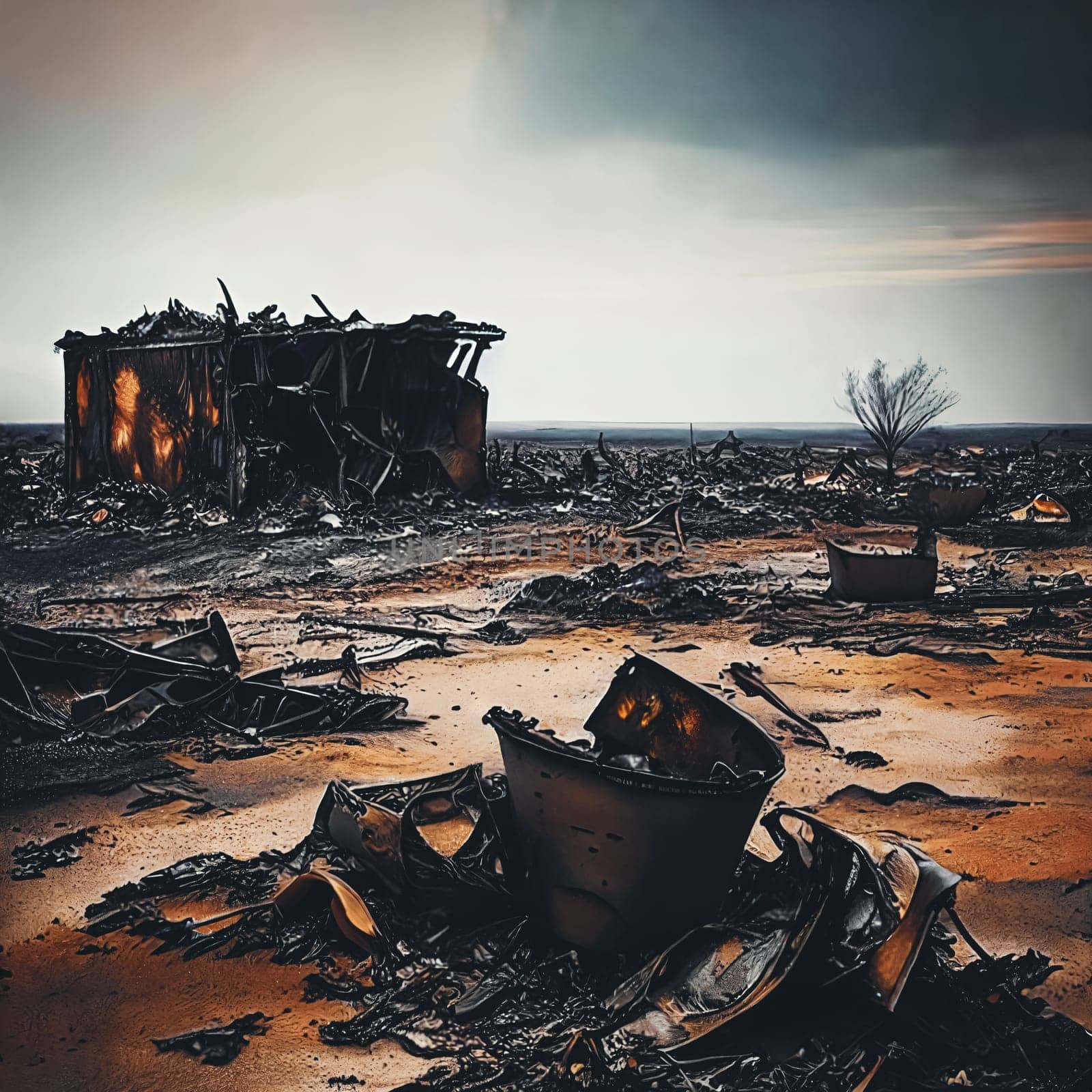 Devastated Landscapes. Disaster with scorched earth, smoldering wreckage, and a bleak atmosphere that conveys the destruction that occurred.