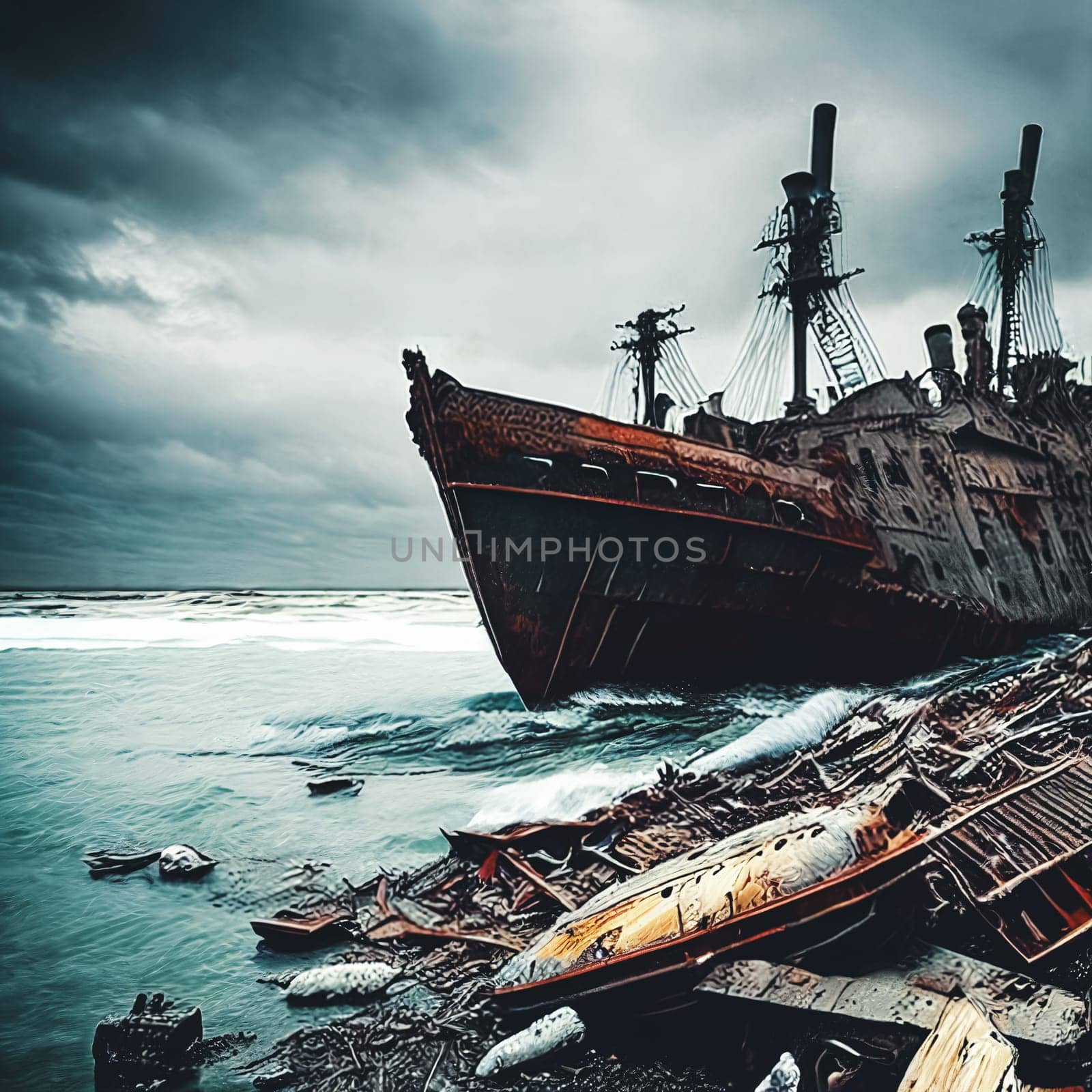 Shipwrecked World. Post-apocalyptic coastal scene with sunken ships, washed-up debris, and a desolate shoreline overlooking a vast and unforgiving sea.