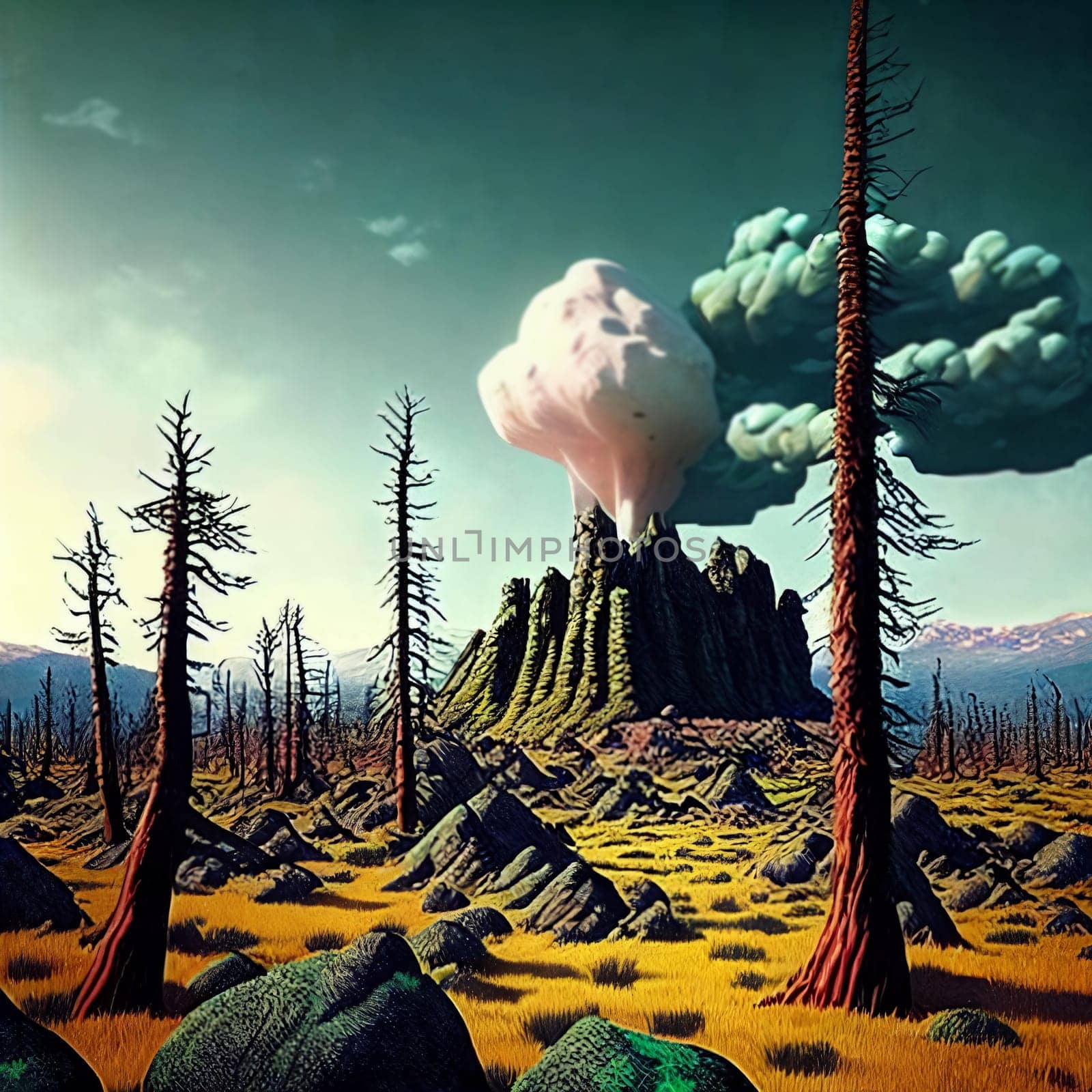 Post-nuclear Wilderness. Landscape transformed by nuclear fallout, featuring mutated flora, eerie rock formations, and a toxic sky tinged with ominous hues.