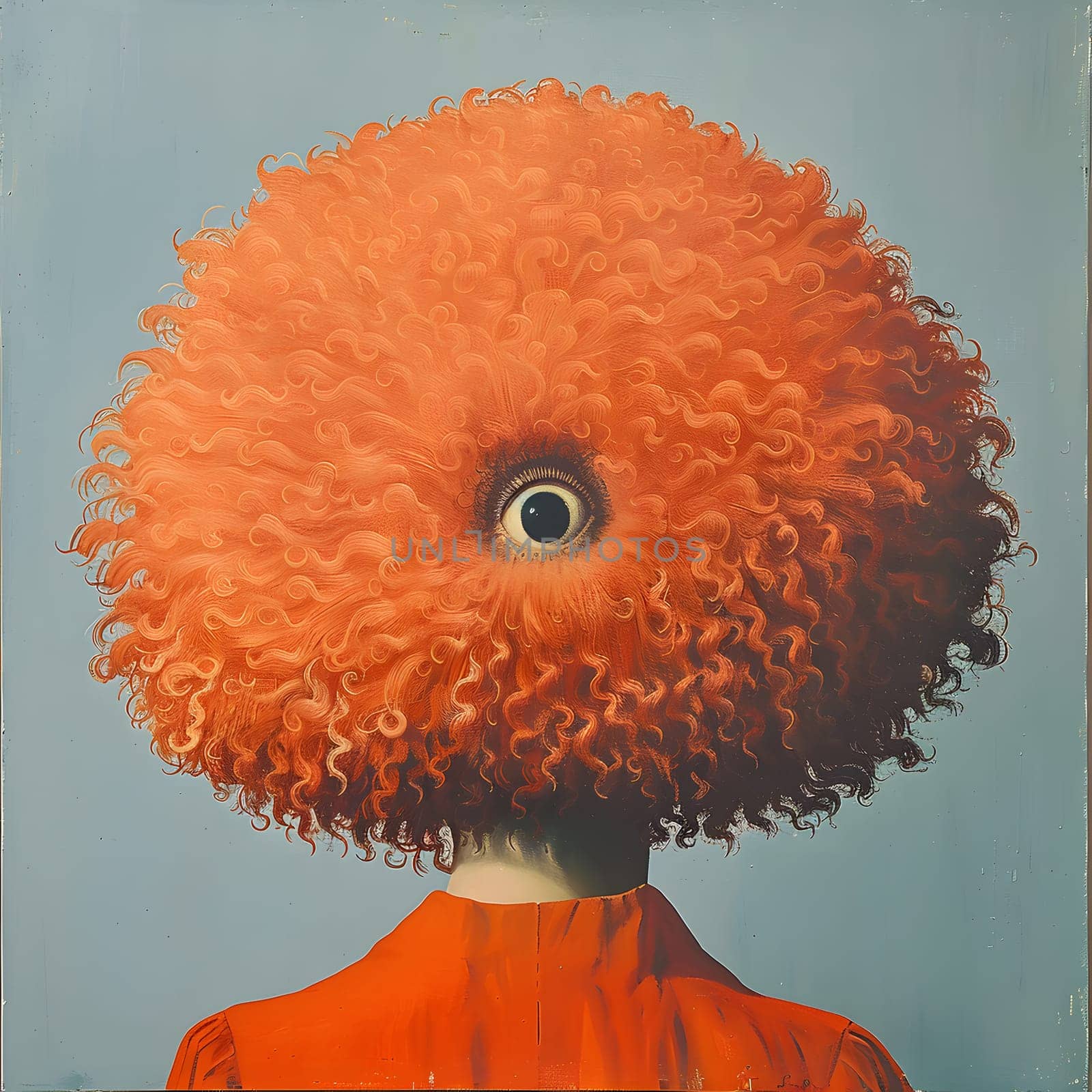 An art piece depicting a person wearing a large orange wig surrounded by flowering plants and plush toys, creating a whimsical and colorful scene