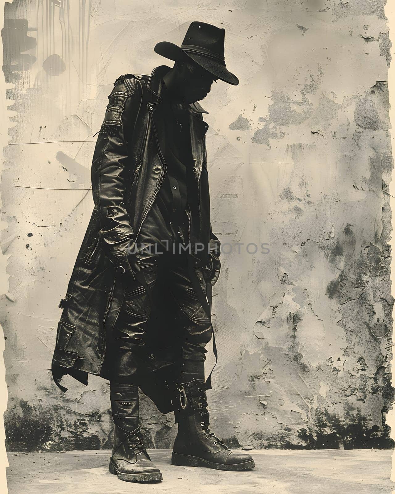 A military person in a camouflage uniform is standing in front of a wall wearing a sun hat and leather jacket