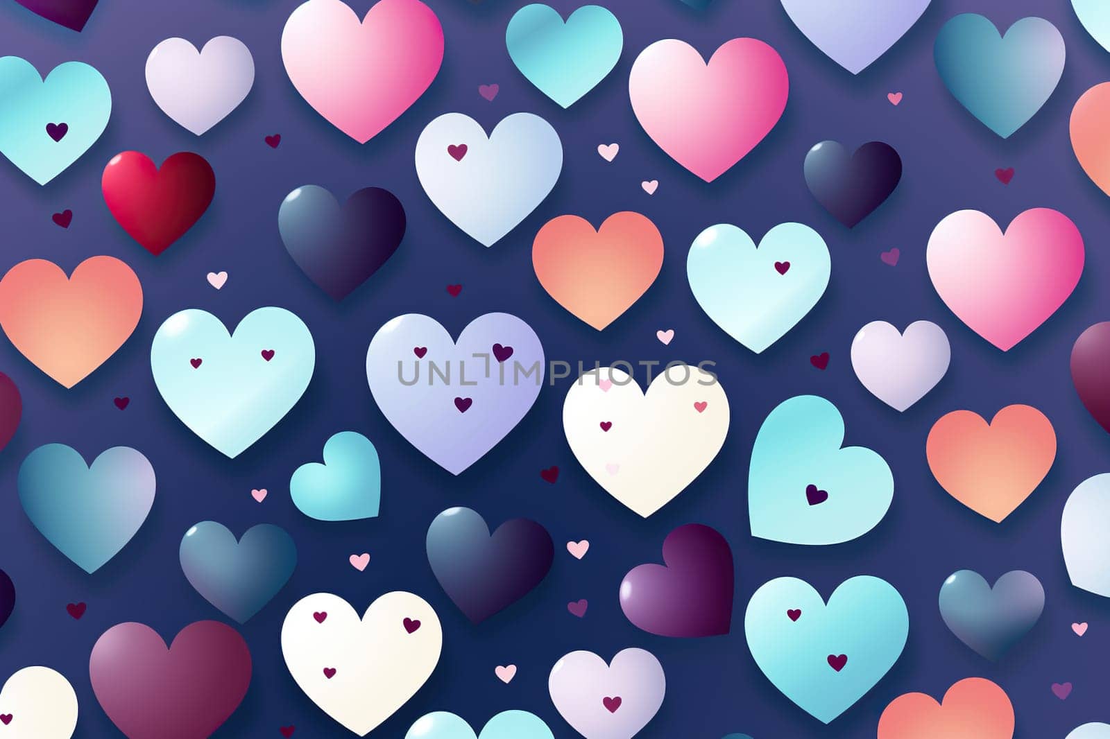 Blue horizontal background with colored hearts. Generated by artificial intelligence by Vovmar