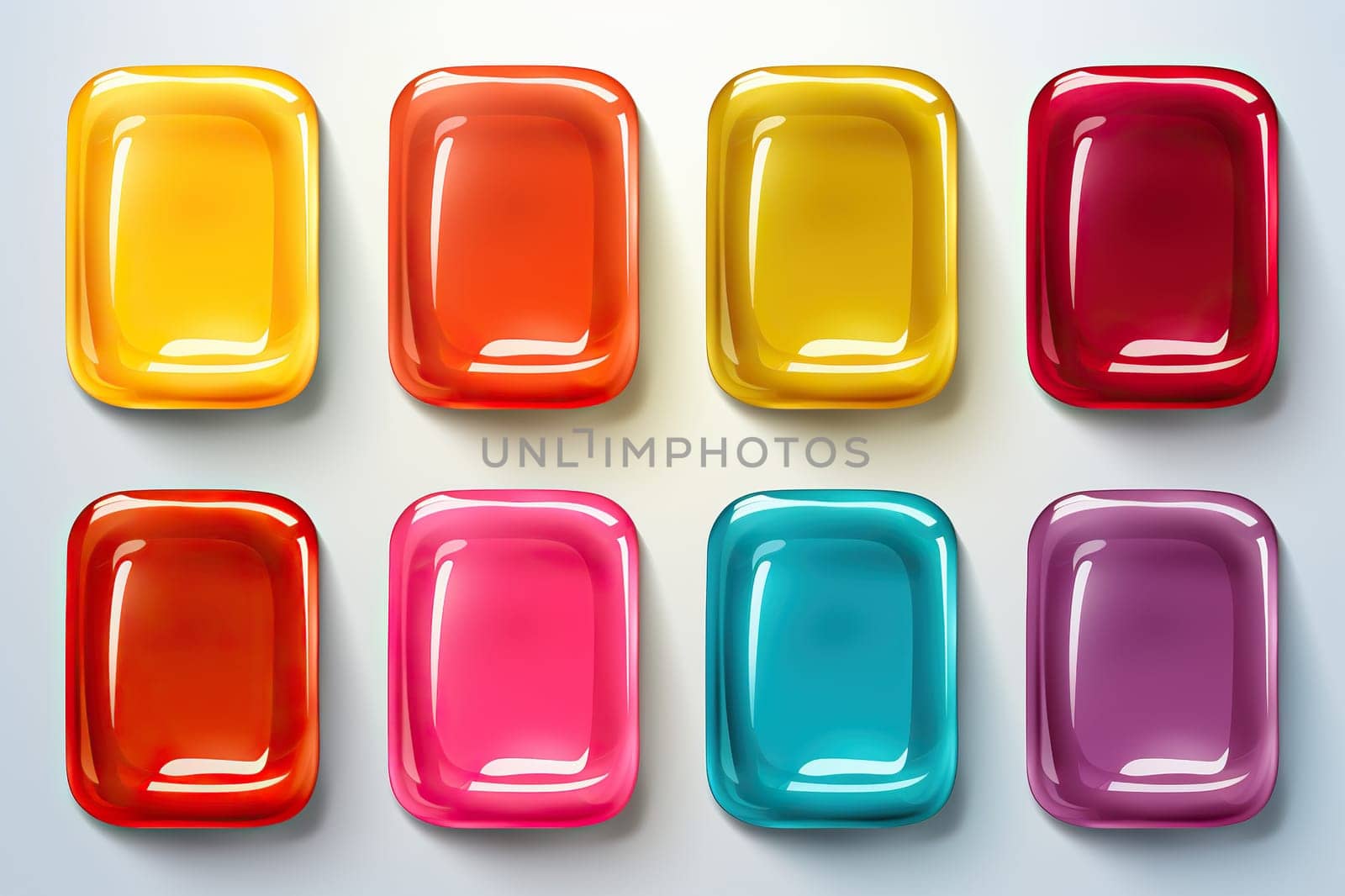 Set of glossy rectangular buttons, icons of different colors on a white background.