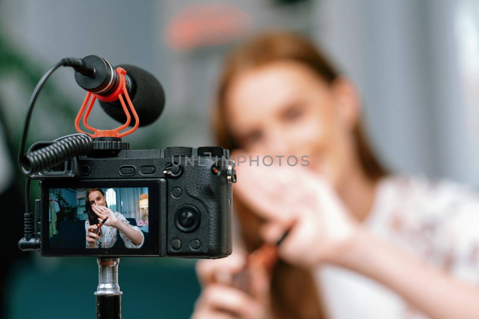 Woman influencer shoot live streaming vlog video review makeup utmost social by biancoblue