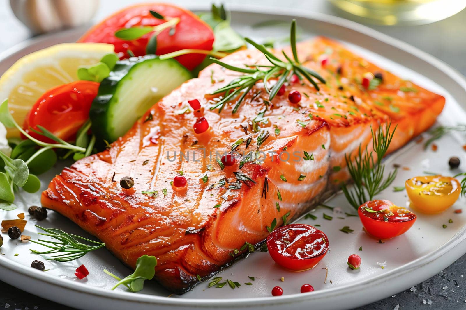 Close-up of grilled salmon steak with fresh vegetables on a white background. Healthy food. AI generated.