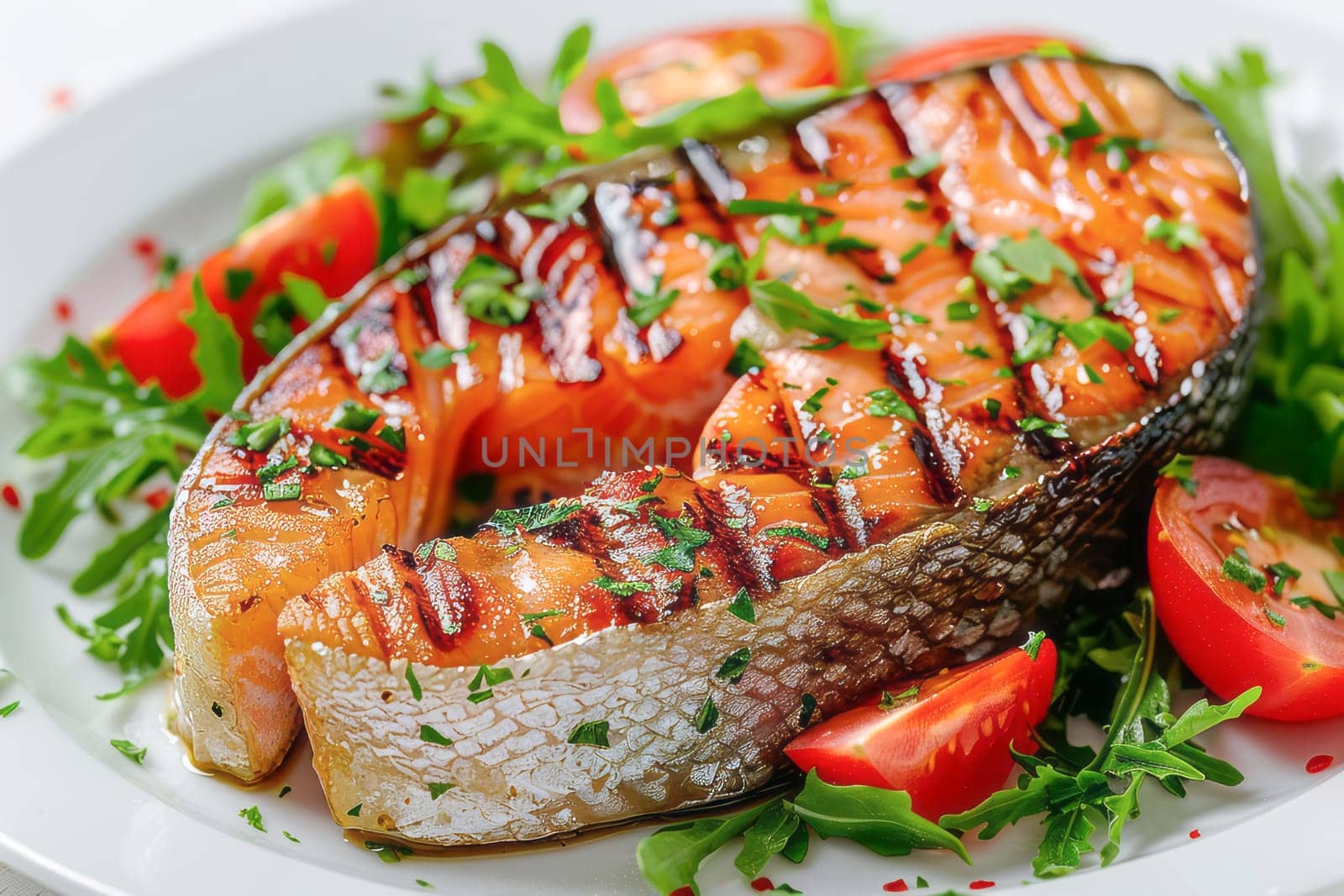Close-up of grilled salmon steak with fresh vegetables on a white background. Healthy food. AI generated.