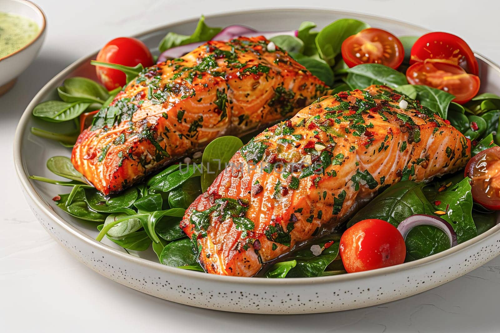 Close-up of grilled salmon steak with fresh vegetables on a white background. Healthy food. AI generated.