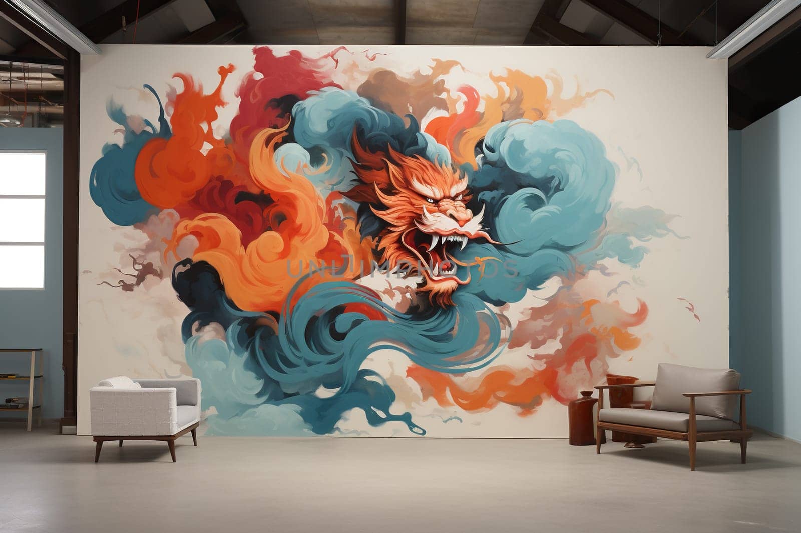 Drawing of a fierce dragon on a white wall in an empty room.