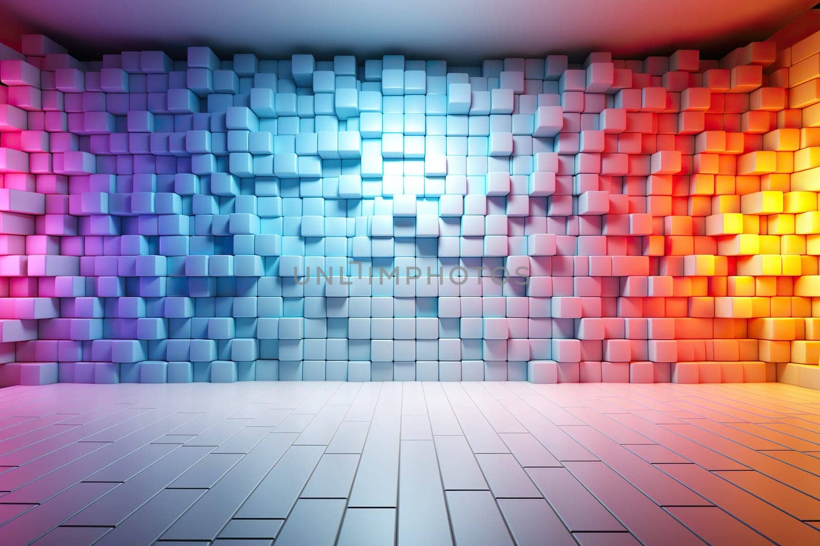 A wall with huge pixels and cubes of different colors. Abstract background.