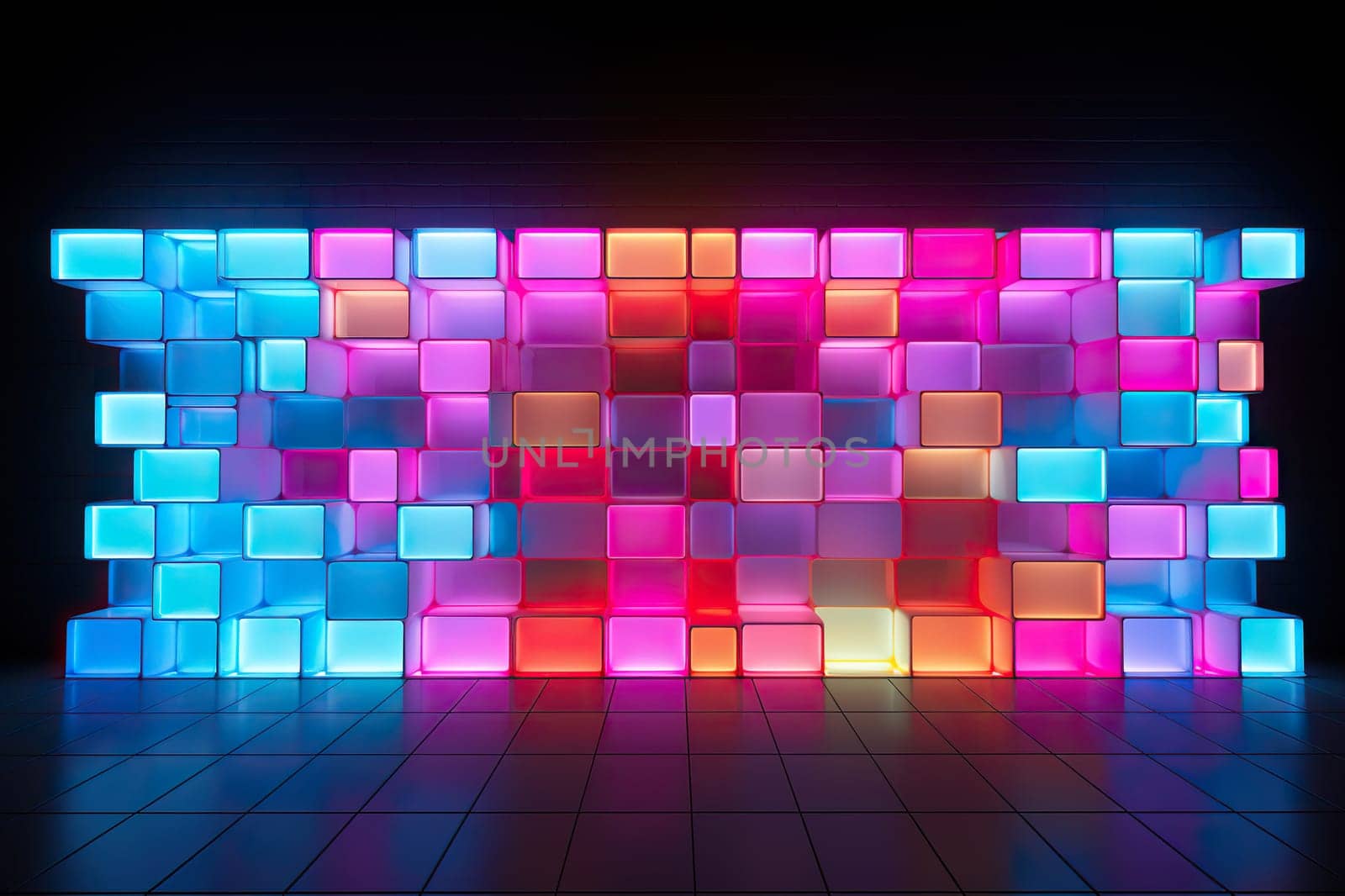 Brick wall with bright neon lighting. Generated by artificial intelligence by Vovmar