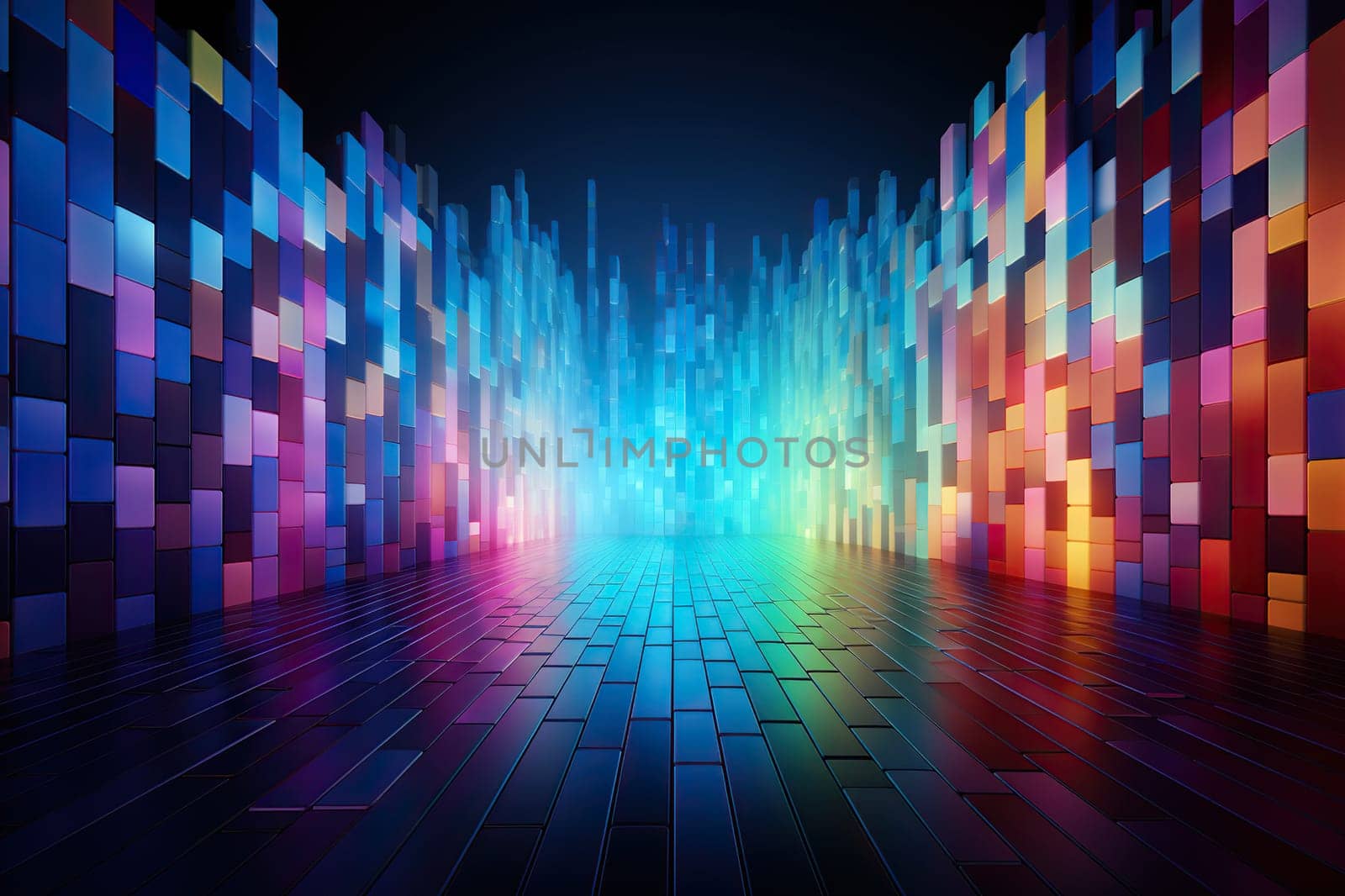 Abstract holographic neon corridor with reflection. Generated by artificial intelligence by Vovmar