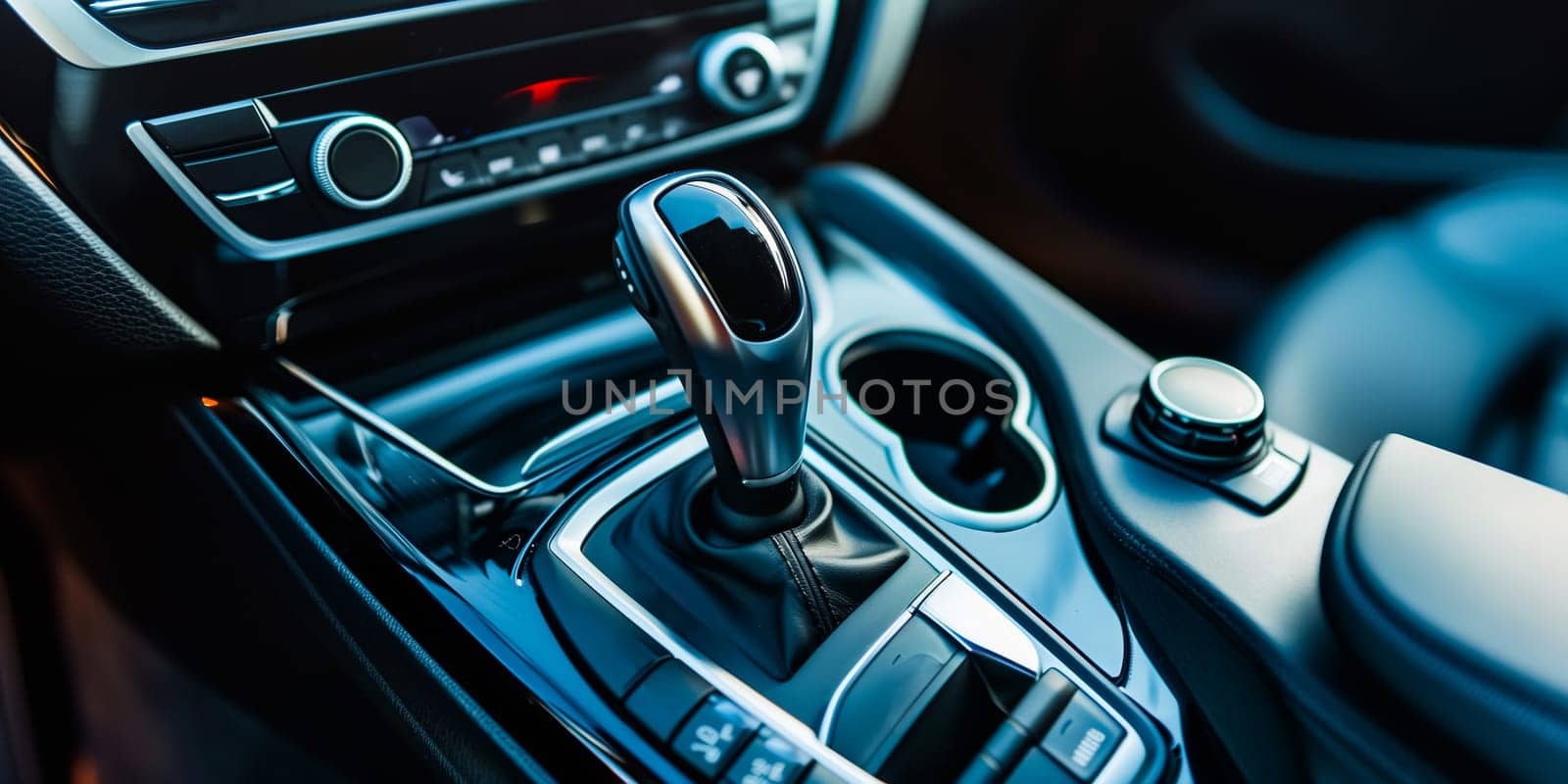 Automatic gear stick of a modern car. Modern car interior details. Close up view. Car detailing. Automatic transmission lever shift.