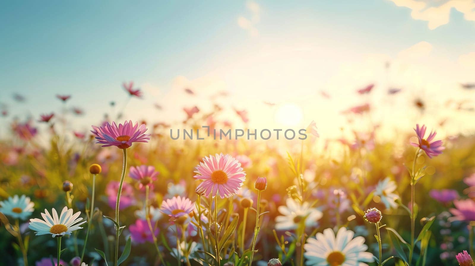 Summer meadow with blooming flowers, herbs and butterflies.