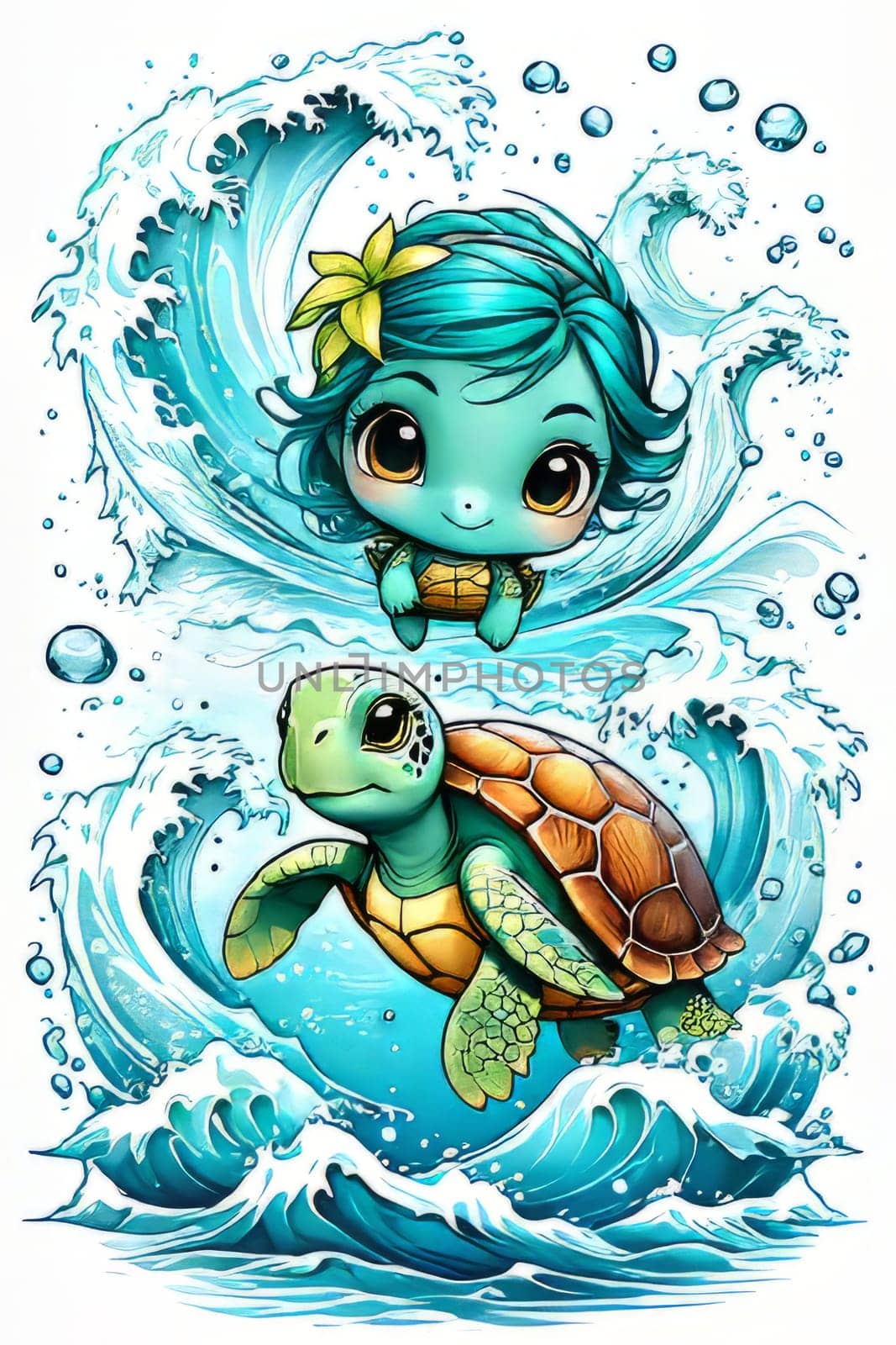 Cartoon girl with turtle, whimsical and playful scene where girl appears cheerful, turtle seems content in endearing position. For Tshirt design, poster, postcard, childrens book, tourism, stationery. by Angelsmoon