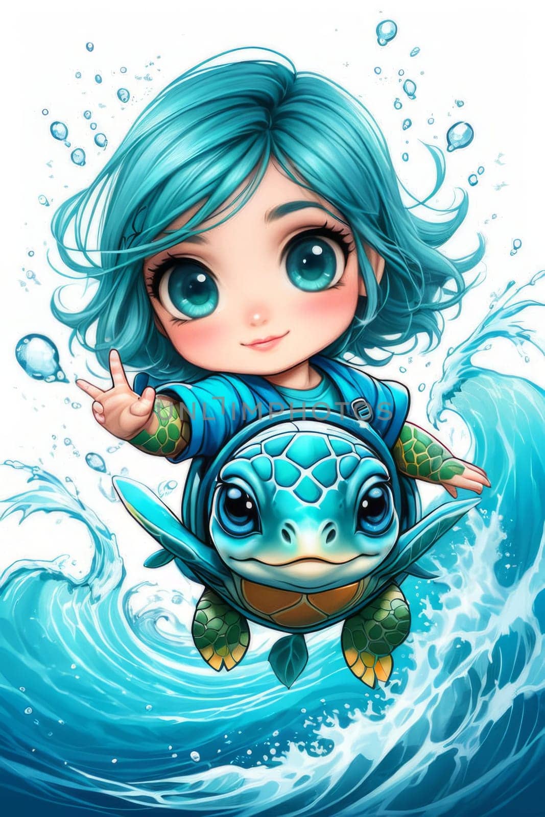 Lively and colorful cartoon girl with turtle. Irls expression exudes joy, vibrancy, suggesting carefree, whimsical atmosphere. For educational materials for kids, tourism, stationery, Tshirt design. by Angelsmoon