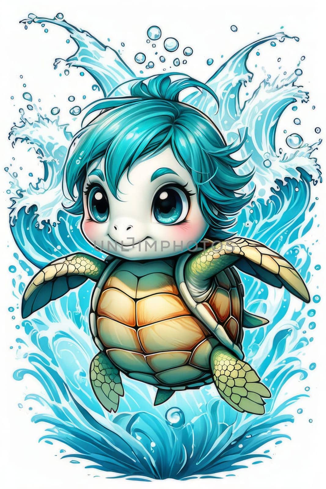 Cartoon girl with turtle, whimsical and playful scene where girl appears cheerful, turtle seems content in endearing position. For Tshirt design, poster, postcard, childrens book, tourism, stationery
