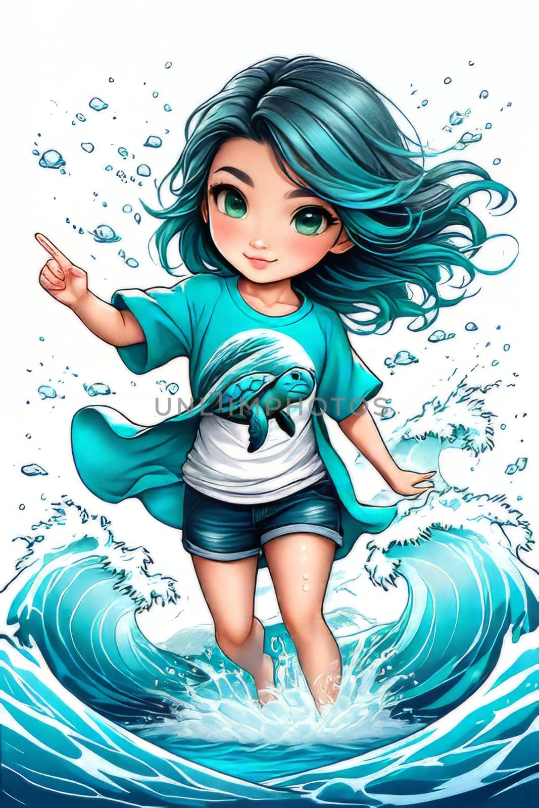 Striking scene of girl with uniquely blue hair, standing with poise in vastness of ocean. For fashion, clothing design, animal themed clothing advertising, Tshirt print, tourism, stationery, postcards