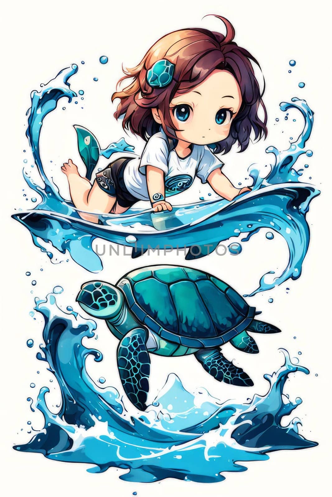 Cartoon girl with turtle, whimsical and playful scene where girl appears cheerful, turtle seems content in endearing position. For Tshirt design, poster, postcard, childrens book, tourism, stationery