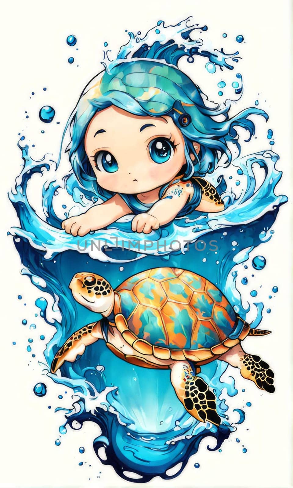 Cartoon girl with turtle, whimsical and playful scene where girl appears cheerful, turtle seems content in endearing position. For Tshirt design, poster, postcard, childrens book, tourism, stationery. by Angelsmoon