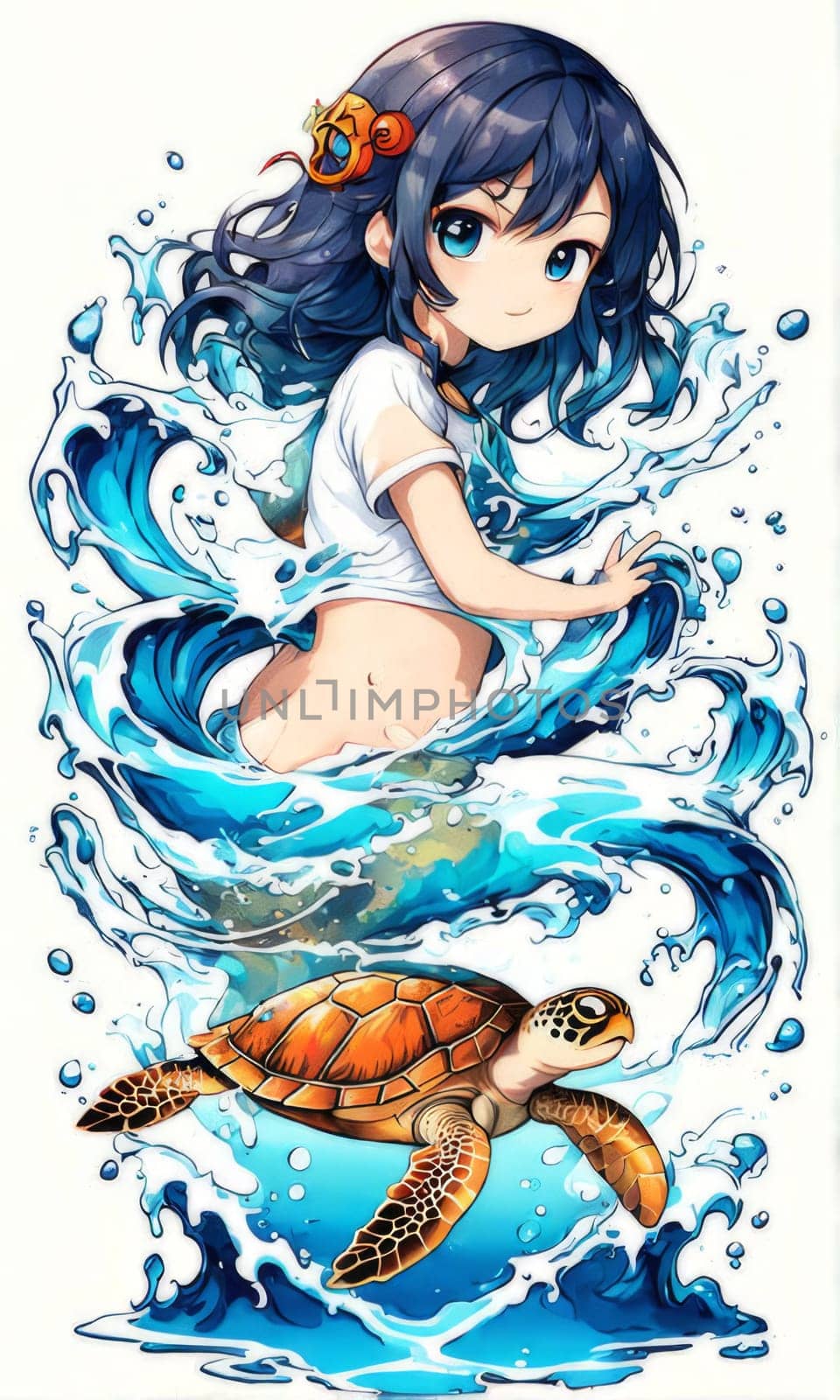 Lively and colorful cartoon girl with turtle. Irls expression exudes joy, vibrancy, suggesting carefree, whimsical atmosphere. For educational materials for kids, tourism, stationery, Tshirt design. by Angelsmoon