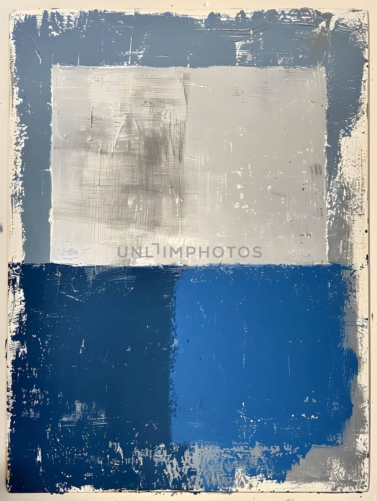 An electric blue and white painting featuring a square in the center, with fluid paint creating a glassy effect. The transparent material adds depth to the pattern of tints and shades
