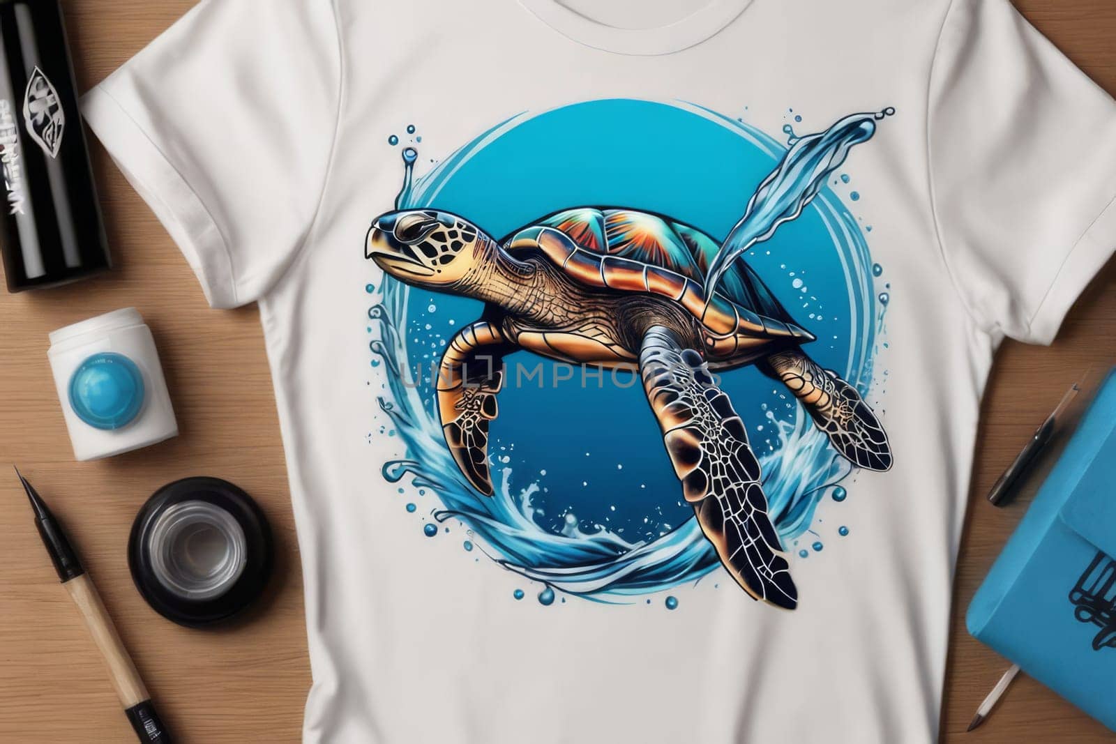 Majestic turtle gracefully swimming in blue ocean, depicted on tshirt. For clothing design, animal themed clothing advertising, simply as illustration for interesting clothing style, Tshirt print