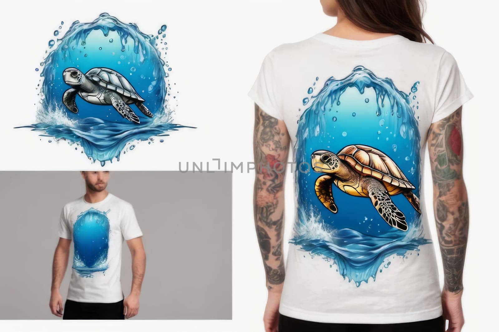 Turtle printed on vivid blue t-shirt, capturing essence of marine tranquility. For clothing design, animal themed clothing advertising, as illustration for interesting clothing style, Tshirt print