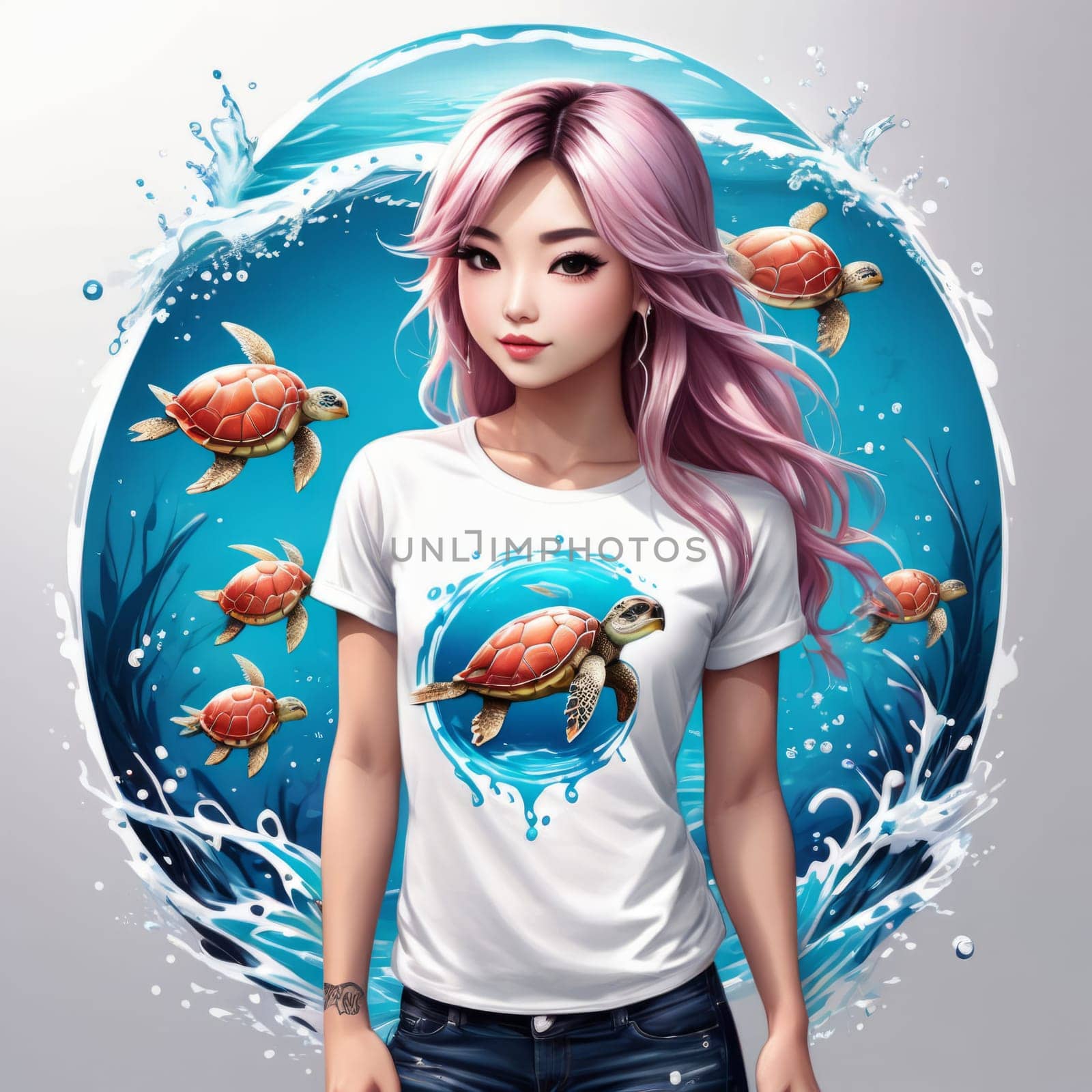 Woman wearing white t-shirt with turtle design. For fashion, clothing design, animal themed clothing advertising, simply as illustration for interesting clothing style, Tshirt print, tourism. by Angelsmoon