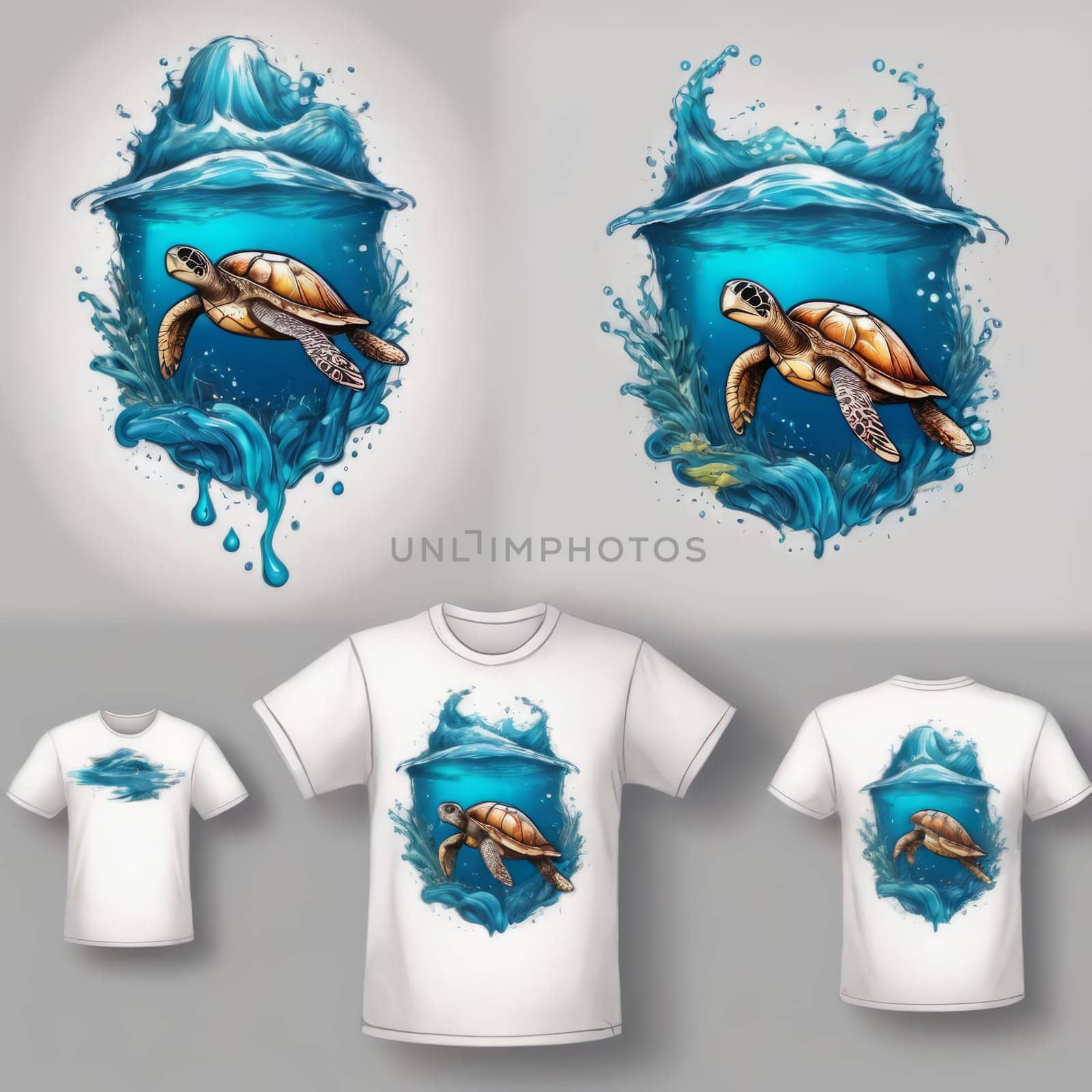 Turtle swimming in water on white t-shirt. For fashion, clothing design, animal themed clothing advertising, simply as illustration for interesting clothing style, Tshirt print, tourism. by Angelsmoon