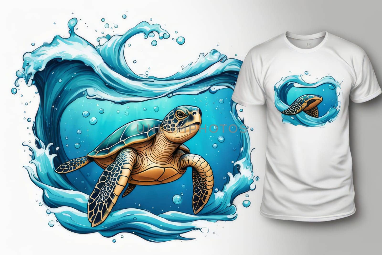 Turtle swimming in water on white t-shirt. For fashion, clothing design, animal themed clothing advertising, simply as illustration for interesting clothing style, Tshirt print, tourism. by Angelsmoon